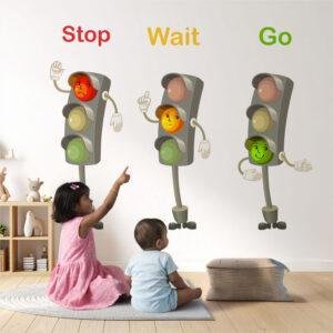 Kids educational wall sticker featuring animated traffic signals with “Stop,” “Wait,” and “Go” text in a colorful nursery room setup.