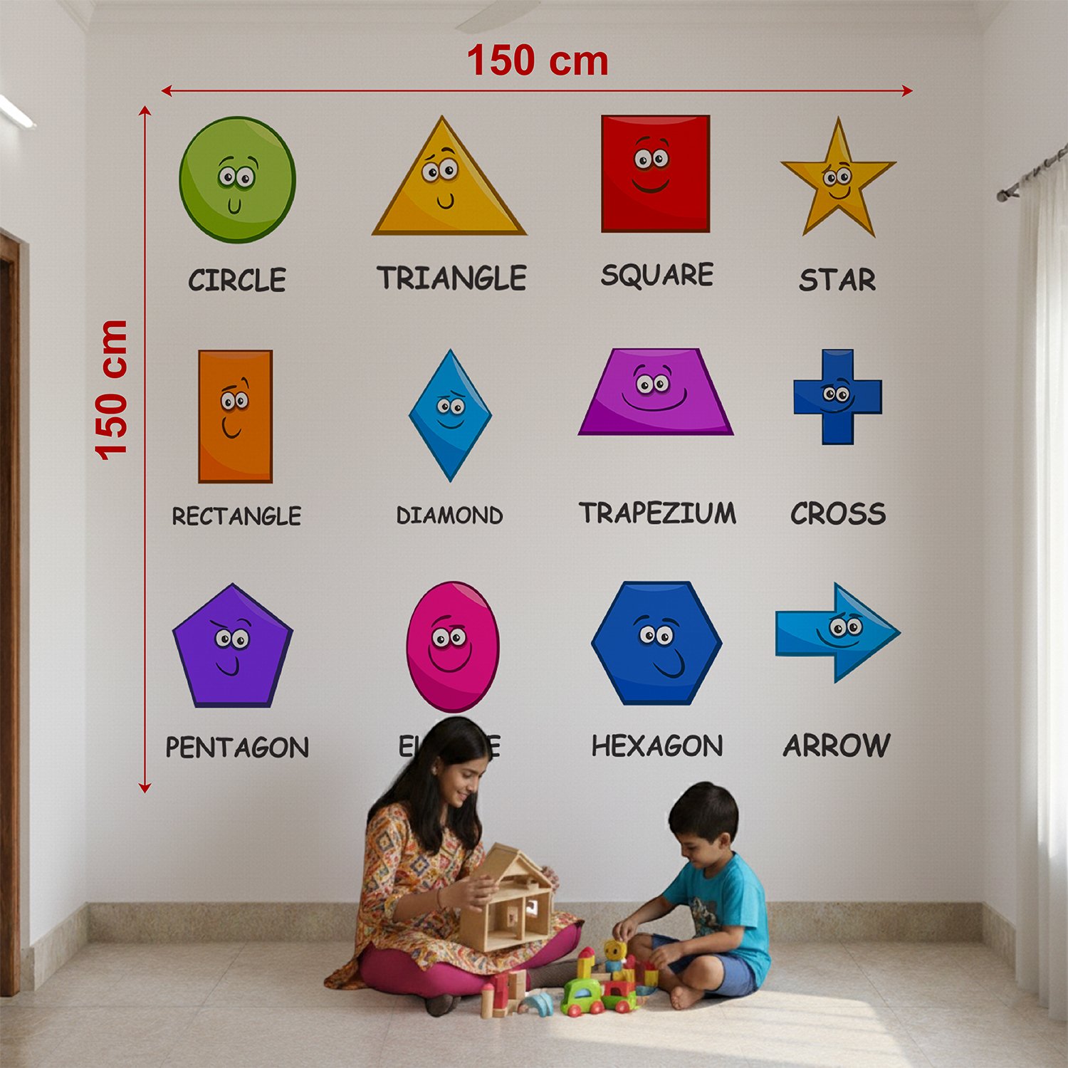 Colorful educational wall sticker featuring cartoon geometric shapes with names including circle, triangle, square, rectangle, pentagon, hexagon, and arrow in a kids learning room.