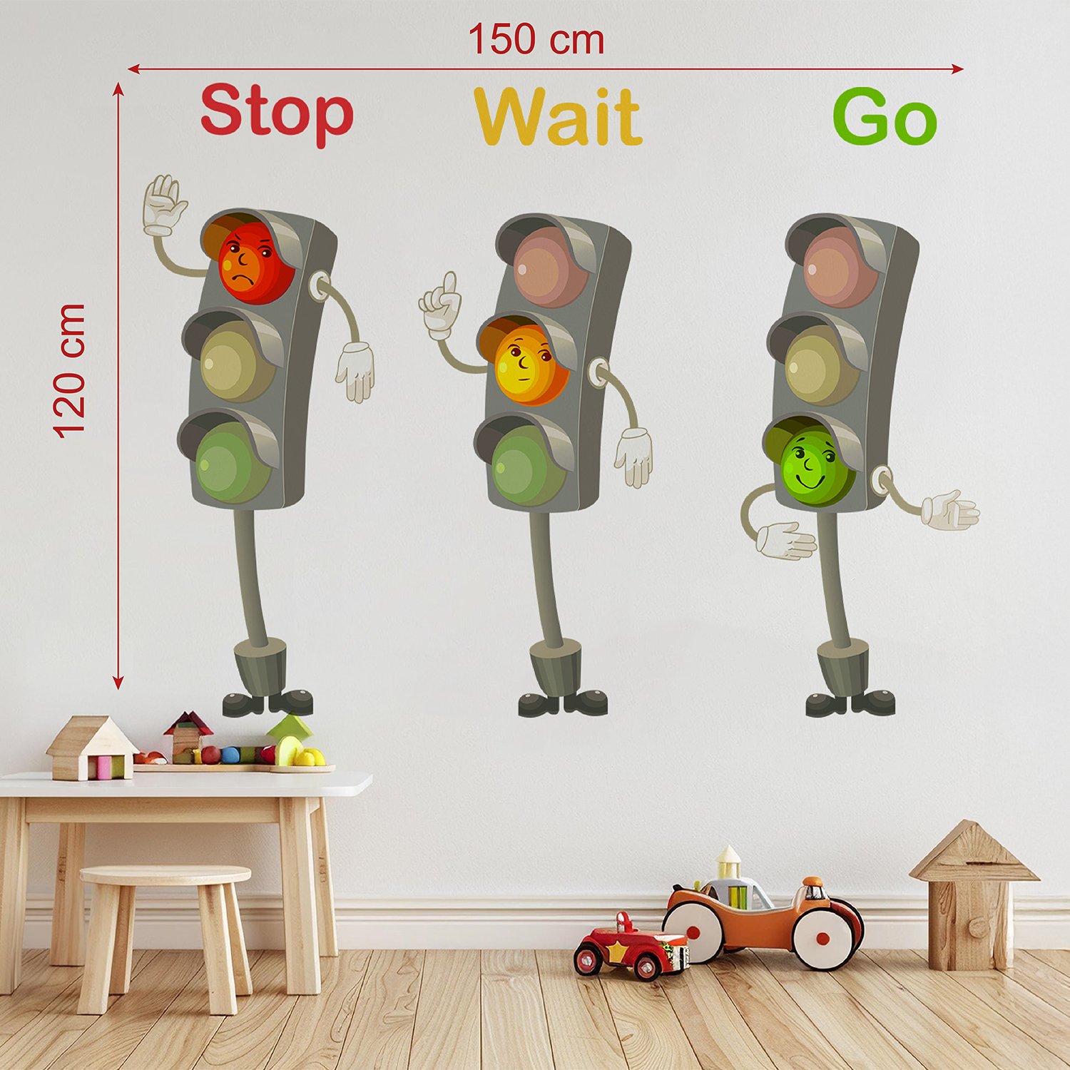 Kids educational wall sticker featuring animated traffic signals with “Stop,” “Wait,” and “Go” text in a colorful nursery room setup.