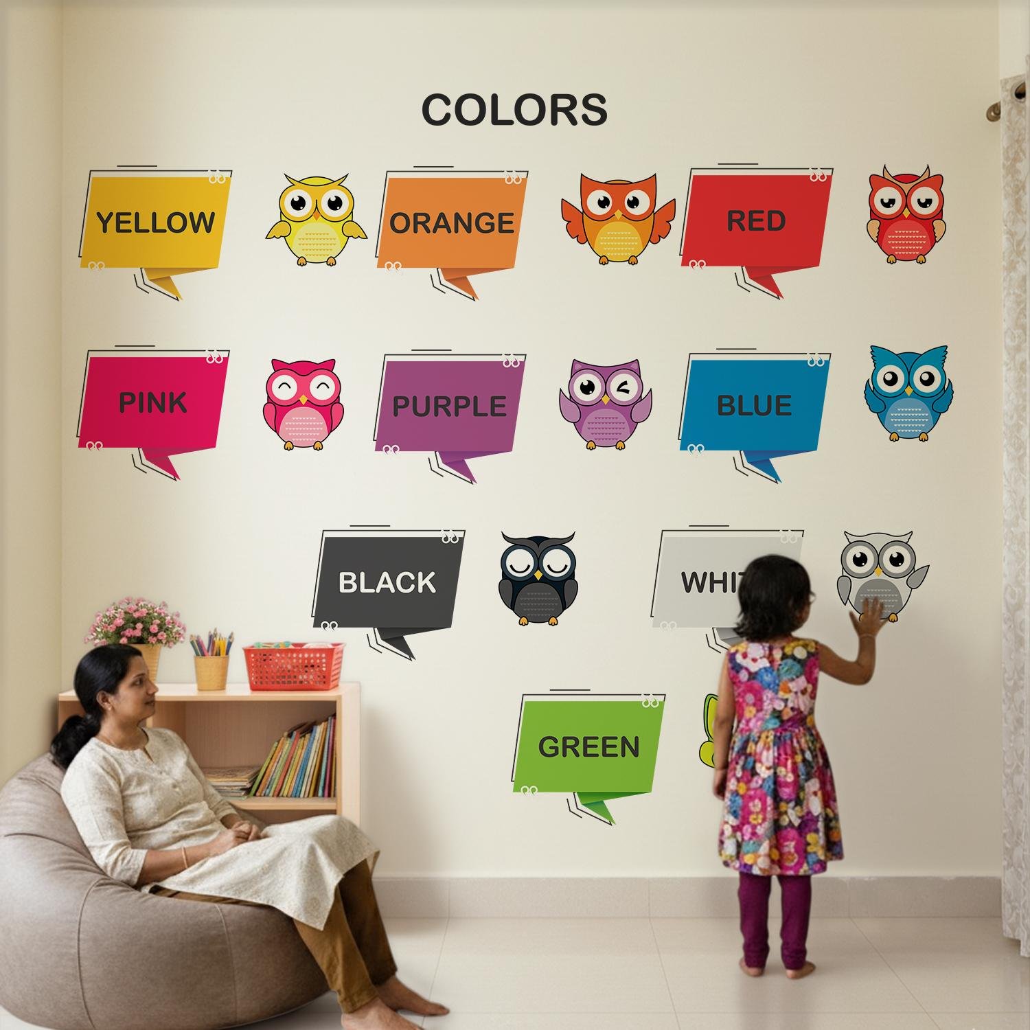 Educational colors wall sticker featuring color names with cute owl illustrations, designed for preschool learning, nursery decoration, and classroom wall décor.