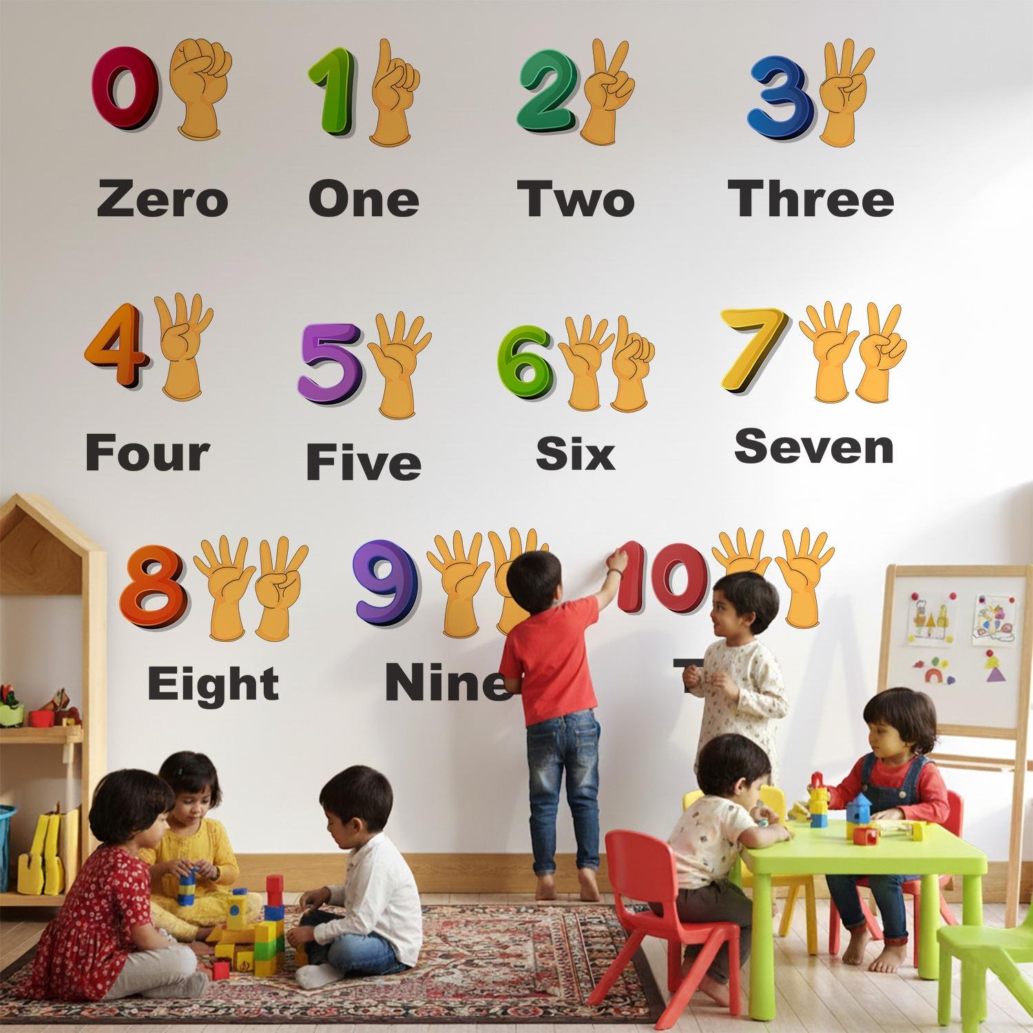 Educational numbers wall sticker displaying numbers 0 to 10 with number names and finger-count illustrations for preschool learning and kids' room decoration.