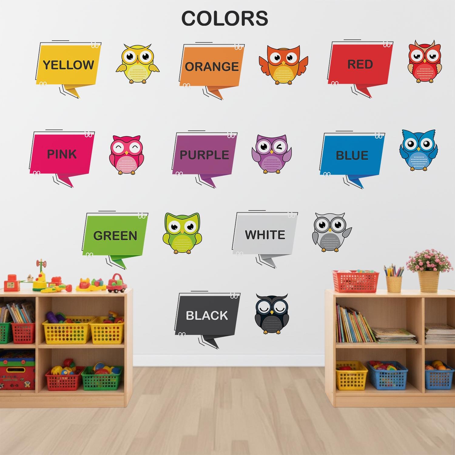 Educational colors wall sticker featuring color names with cute owl illustrations, designed for preschool learning, nursery decoration, and classroom wall décor.