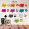 Educational colors wall sticker featuring color names with cute owl illustrations, designed for preschool learning, nursery decoration, and classroom wall décor.
