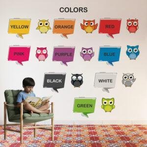 Educational colors wall sticker featuring color names with cute owl illustrations, designed for preschool learning, nursery decoration, and classroom wall décor.