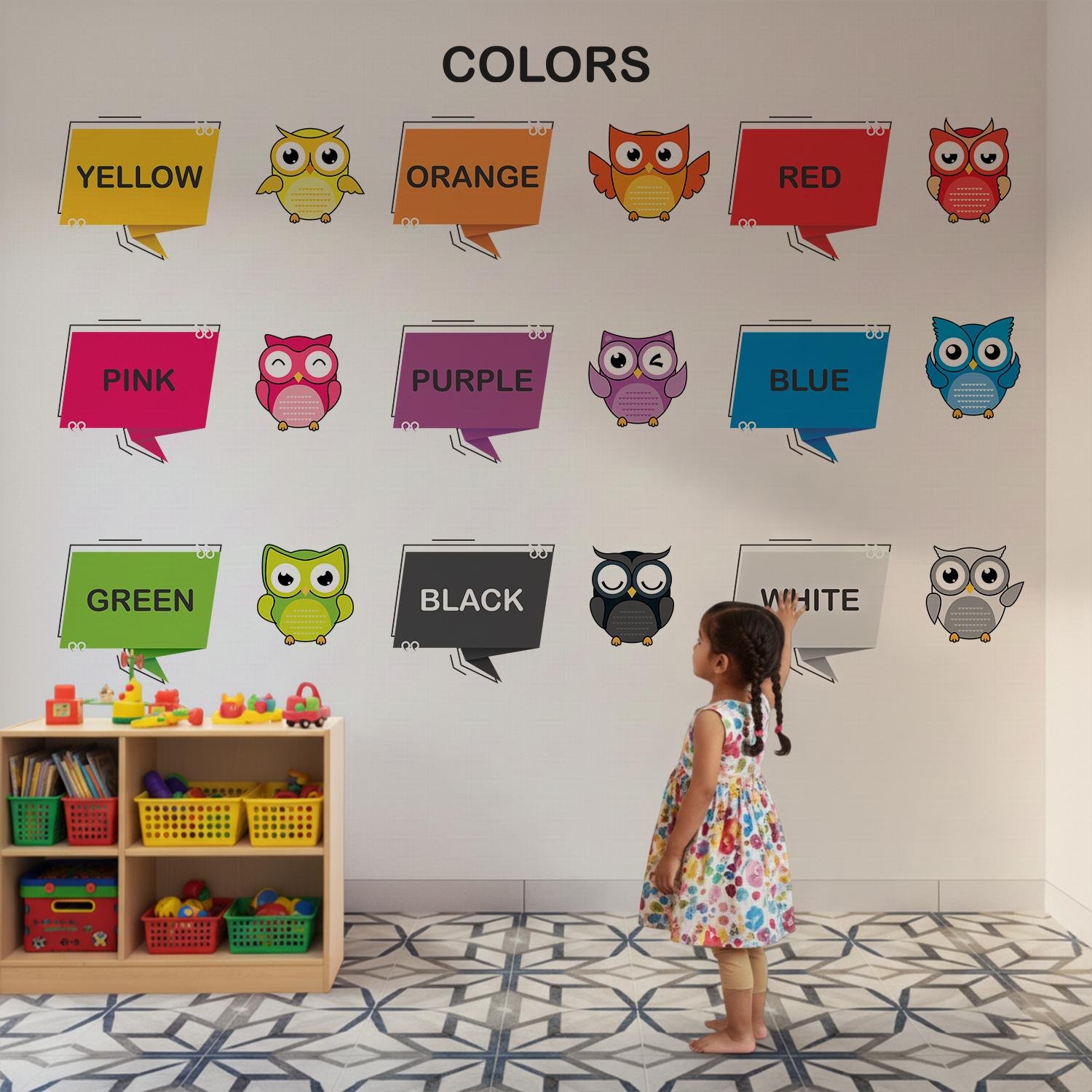 Educational colors wall sticker featuring color names with cute owl illustrations, designed for preschool learning, nursery decoration, and classroom wall décor.
