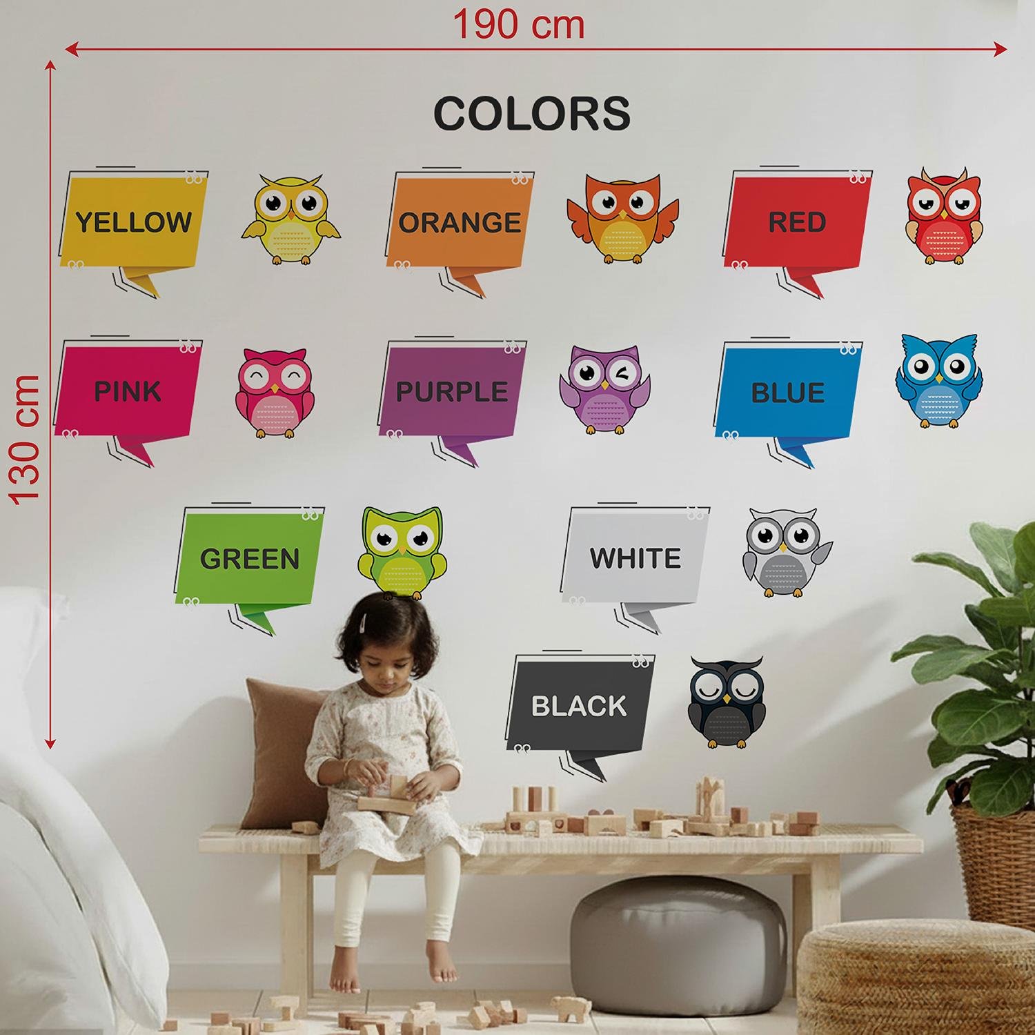 Educational colors wall sticker featuring color names with cute owl illustrations, designed for preschool learning, nursery decoration, and classroom wall décor.