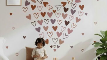 A children's bedroom featuring pink, brown, and mauve heart wall stickers arranged in a large heart shape above a wooden bench, creating a cozy boho nursery decor theme.