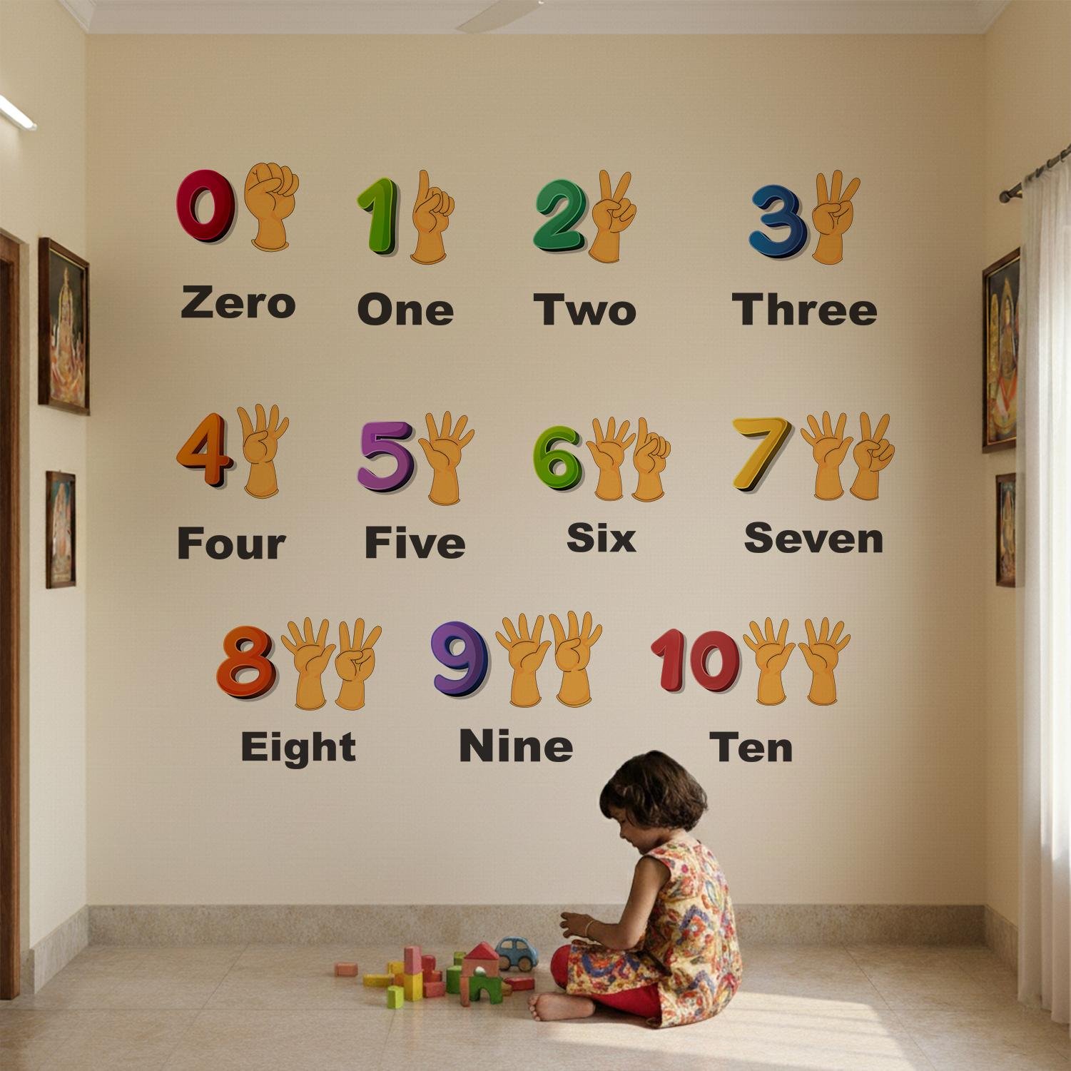 Educational numbers wall sticker displaying numbers 0 to 10 with number names and finger-count illustrations for preschool learning and kids' room decoration.