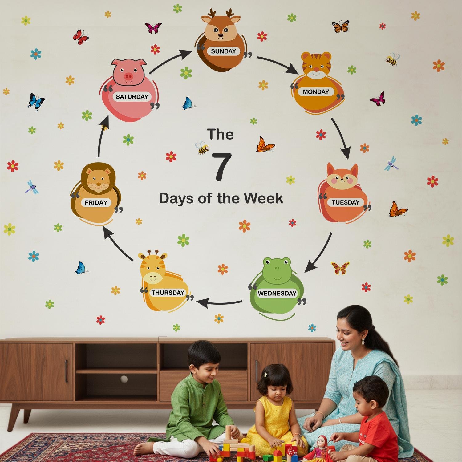 Colorful educational wall sticker featuring the 7 days of the week arranged in a circular sequence with cute animal characters, butterflies, bees, and flowers displayed above a wooden cabinet in a children's playroom with a mother and three children.