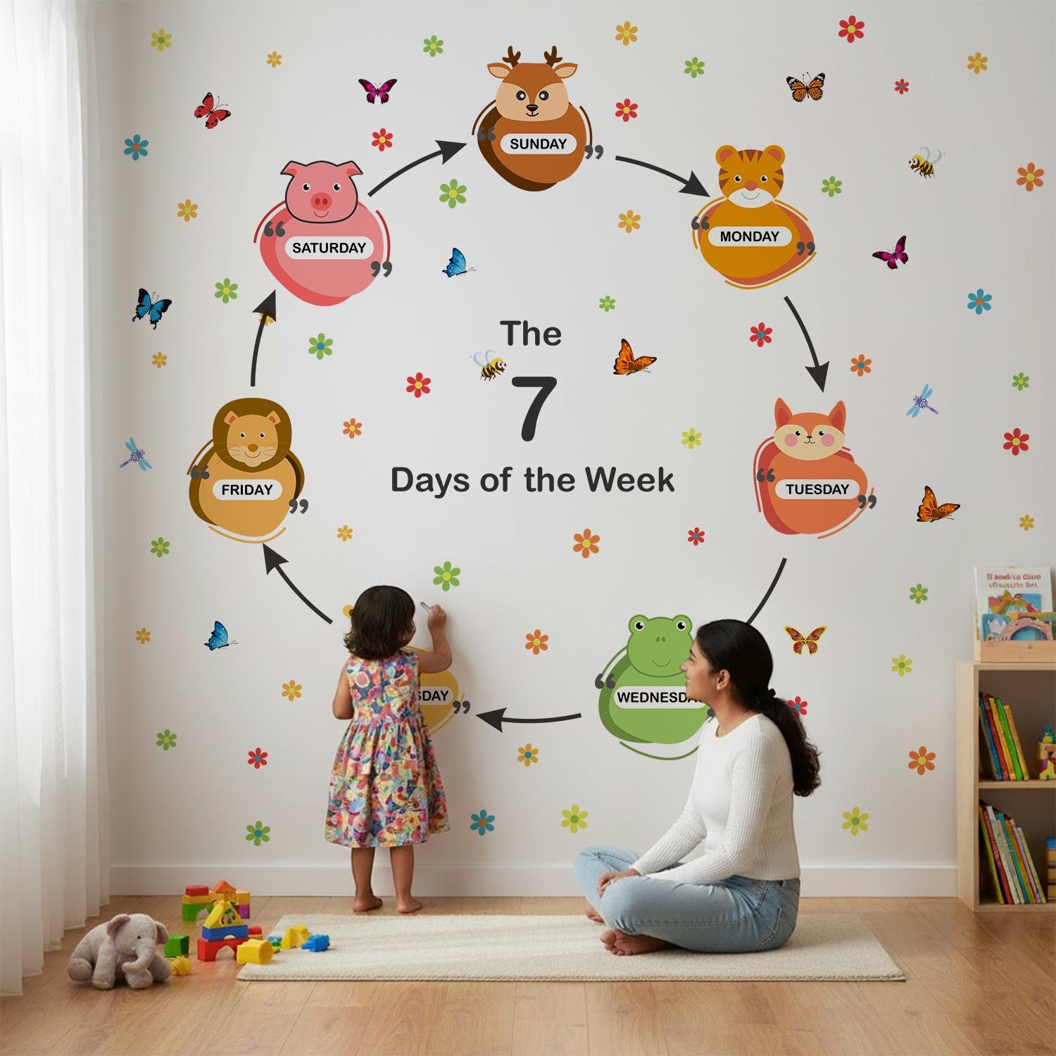 Colorful educational wall sticker featuring the 7 days of the week arranged in a circular sequence with cute animal characters, butterflies, bees, and flowers displayed above a wooden cabinet in a children's playroom with a mother and three children.