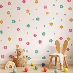 A nursery featuring pastel pink, blue, and lavender daisy wall stickers scattered across a white wall above a baby crib with plush toys.