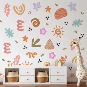 Boho abstract wall stickers for kids room featuring pastel flowers, leaves, stars, sunshine, and geometric shapes on a white nursery wall with removable peel-and-stick vinyl decals.