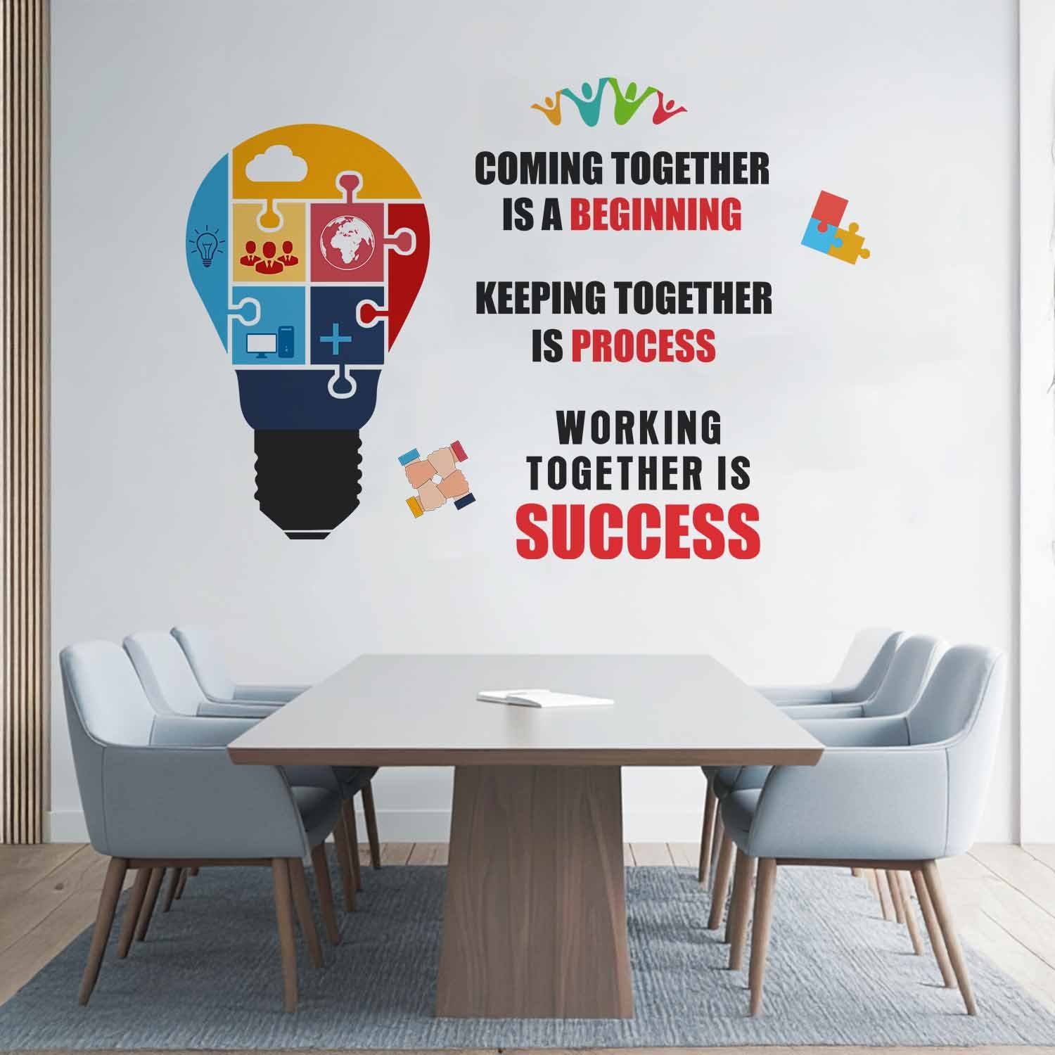 Teamwork motivational office wall sticker featuring a colorful puzzle light bulb and the quote "Coming Together is a Beginning, Keeping Together is Progress, Working Together is Success" displayed in a modern conference room.