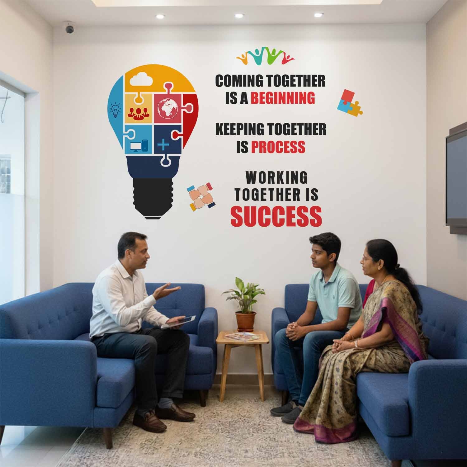 Teamwork motivational office wall sticker featuring a colorful puzzle light bulb and the quote "Coming Together is a Beginning, Keeping Together is Progress, Working Together is Success" displayed in a modern conference room.