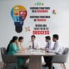 Teamwork motivational office wall sticker featuring a colorful puzzle light bulb and the quote "Coming Together is a Beginning, Keeping Together is Progress, Working Together is Success" displayed in a modern conference room.