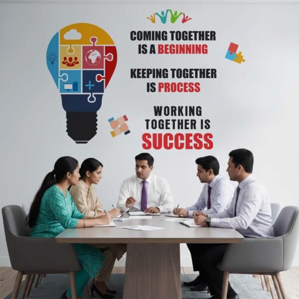 Teamwork motivational office wall sticker featuring a colorful puzzle light bulb and the quote "Coming Together is a Beginning, Keeping Together is Progress, Working Together is Success" displayed in a modern conference room.