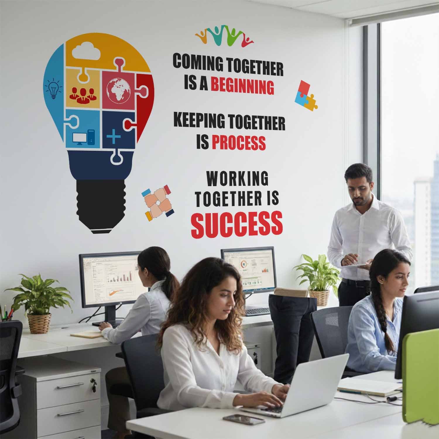 Teamwork motivational office wall sticker featuring a colorful puzzle light bulb and the quote "Coming Together is a Beginning, Keeping Together is Progress, Working Together is Success" displayed in a modern conference room.