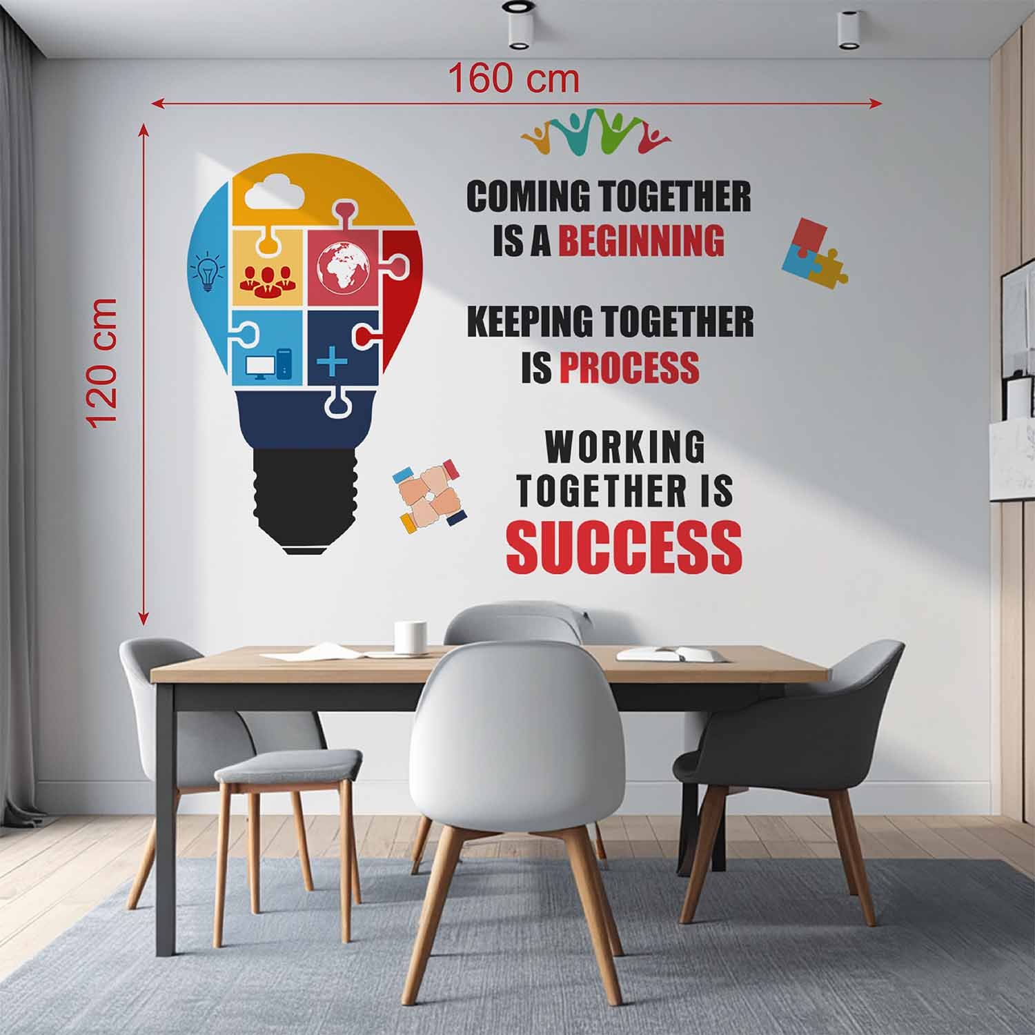 Teamwork motivational office wall sticker featuring a colorful puzzle light bulb and the quote "Coming Together is a Beginning, Keeping Together is Progress, Working Together is Success" displayed in a modern conference room.