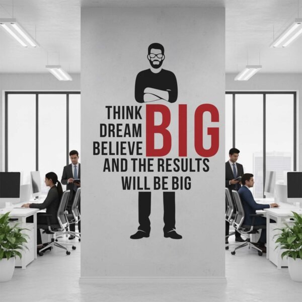 Think Dream Believe BIG motivational office wall sticker featuring bold black and red typography with a minimalist business silhouette displayed in a modern corporate workspace.