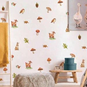Watercolor woodland animal wall stickers featuring baby deer, rabbits, birds, mushrooms, acorns, oak leaves, and forest elements on a nursery wall with removable peel-and-stick vinyl decals.