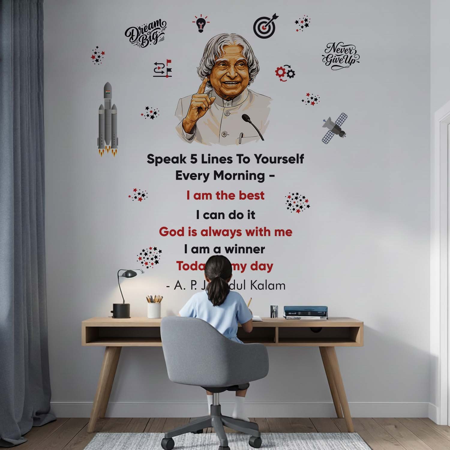 Dr. A.P.J. Abdul Kalam motivational wall sticker with inspirational quotes for office, study room, classroom, coaching centre, and workspace wall decor.