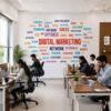 Digital marketing office wall sticker featuring SEO, advertising, sales, website, analytics and business typography on a modern workspace wall