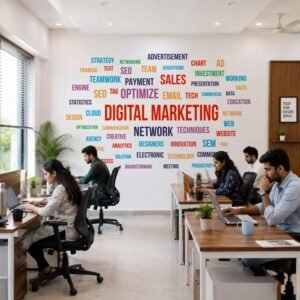 Digital marketing office wall sticker featuring SEO, advertising, sales, website, analytics and business typography on a modern workspace wall