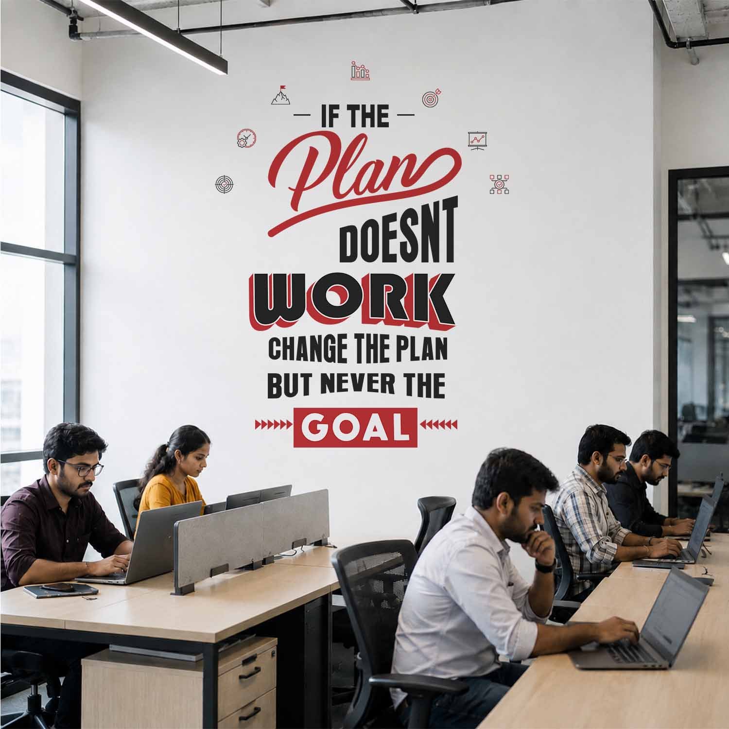 Motivational office wall sticker with βIf the Plan Doesnβt Work, Change the Plan, But Never the Goalβ quote