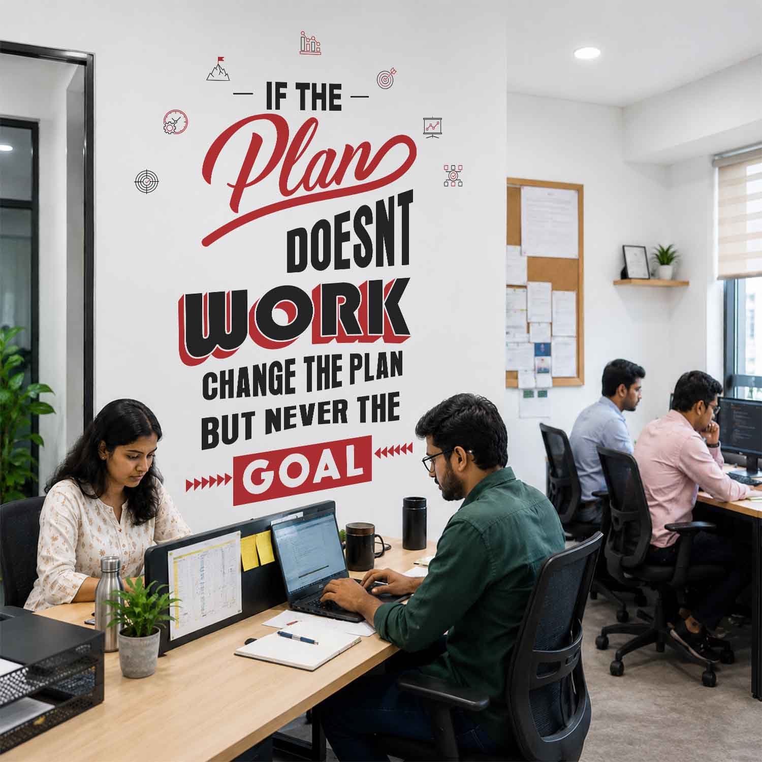Motivational office wall sticker with βIf the Plan Doesnβt Work, Change the Plan, But Never the Goalβ quote