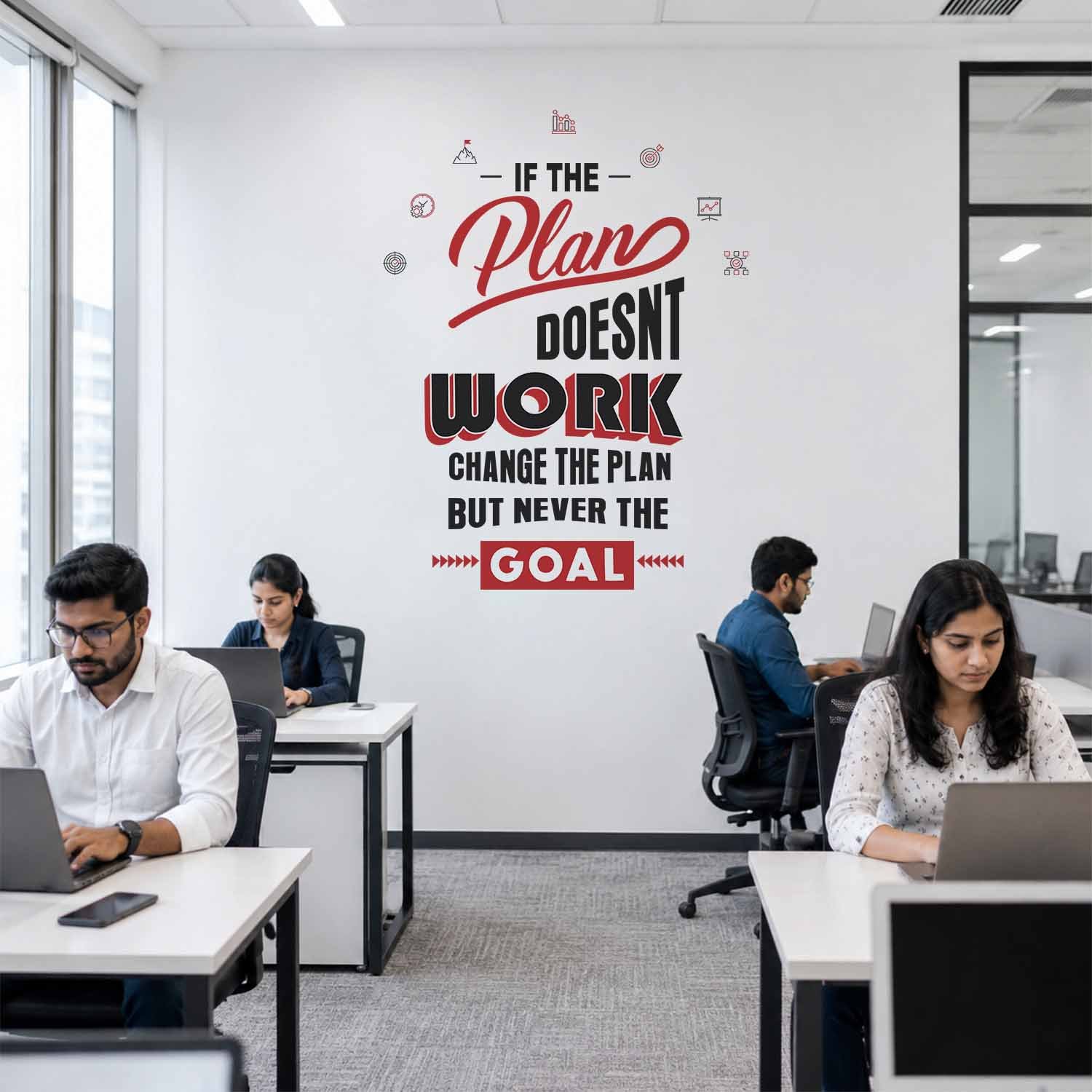 Motivational office wall sticker with βIf the Plan Doesnβt Work, Change the Plan, But Never the Goalβ quote