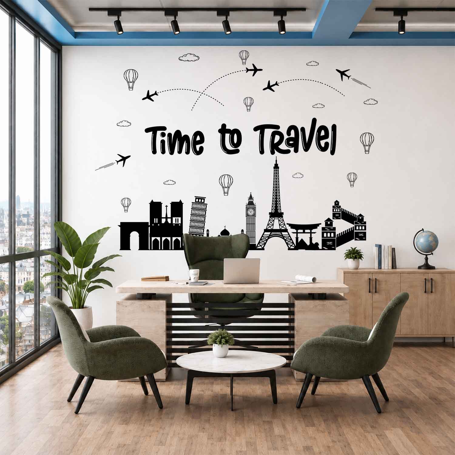 Time to Travel world landmark wall sticker with Eiffel Tower, airplanes and famous travel landmarks for office wall decor