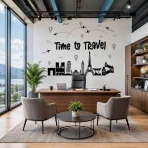Time to Travel world landmark wall sticker with Eiffel Tower, airplanes and famous travel landmarks for office wall decor