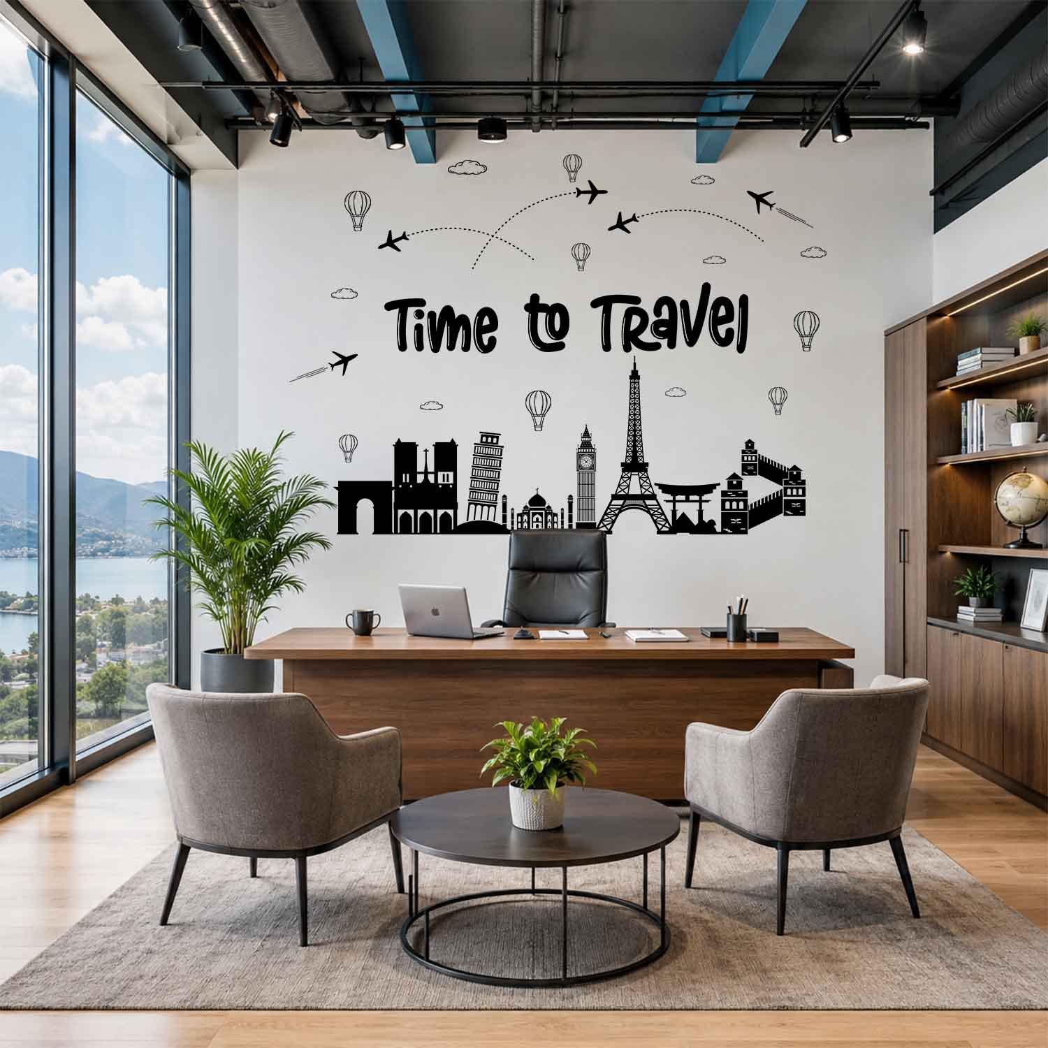 Time to Travel world landmark wall sticker with Eiffel Tower, airplanes and famous travel landmarks for office wall decor