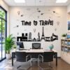 Time to Travel world landmark wall sticker with Eiffel Tower, airplanes and famous travel landmarks for office wall decor