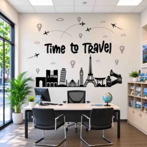 Time to Travel world landmark wall sticker with Eiffel Tower, airplanes and famous travel landmarks for office wall decor