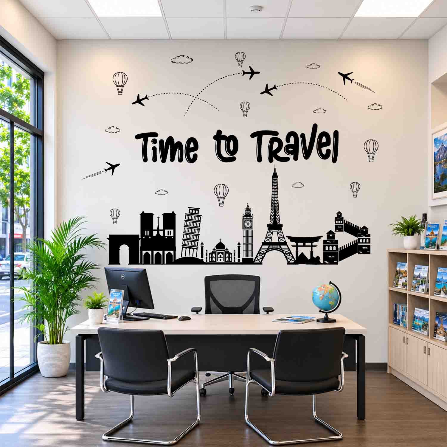 Time to Travel world landmark wall sticker with Eiffel Tower, airplanes and famous travel landmarks for office wall decor