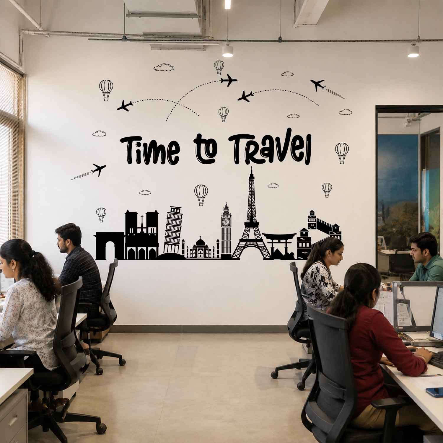 Time to Travel world landmark wall sticker with Eiffel Tower, airplanes and famous travel landmarks for office wall decor