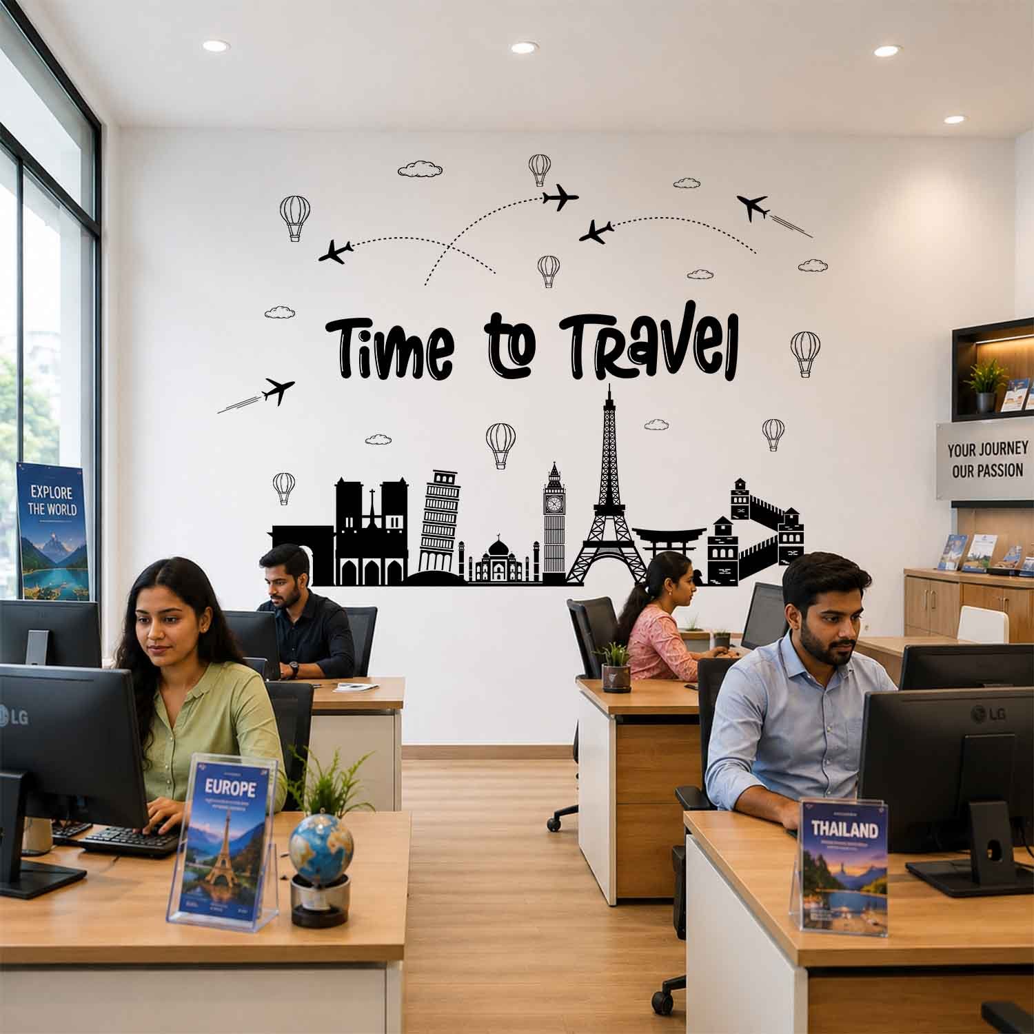 Time to Travel world landmark wall sticker with Eiffel Tower, airplanes and famous travel landmarks for office wall decor