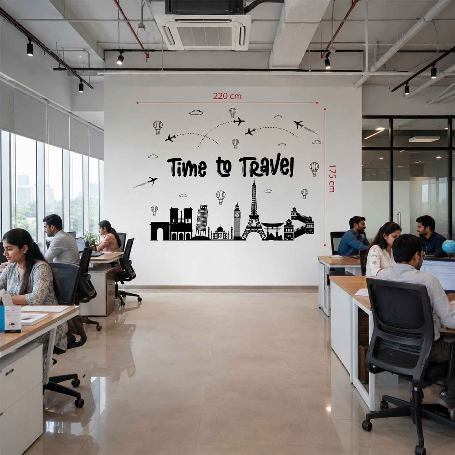 Time to Travel world landmark wall sticker with Eiffel Tower, airplanes and famous travel landmarks for office wall decor