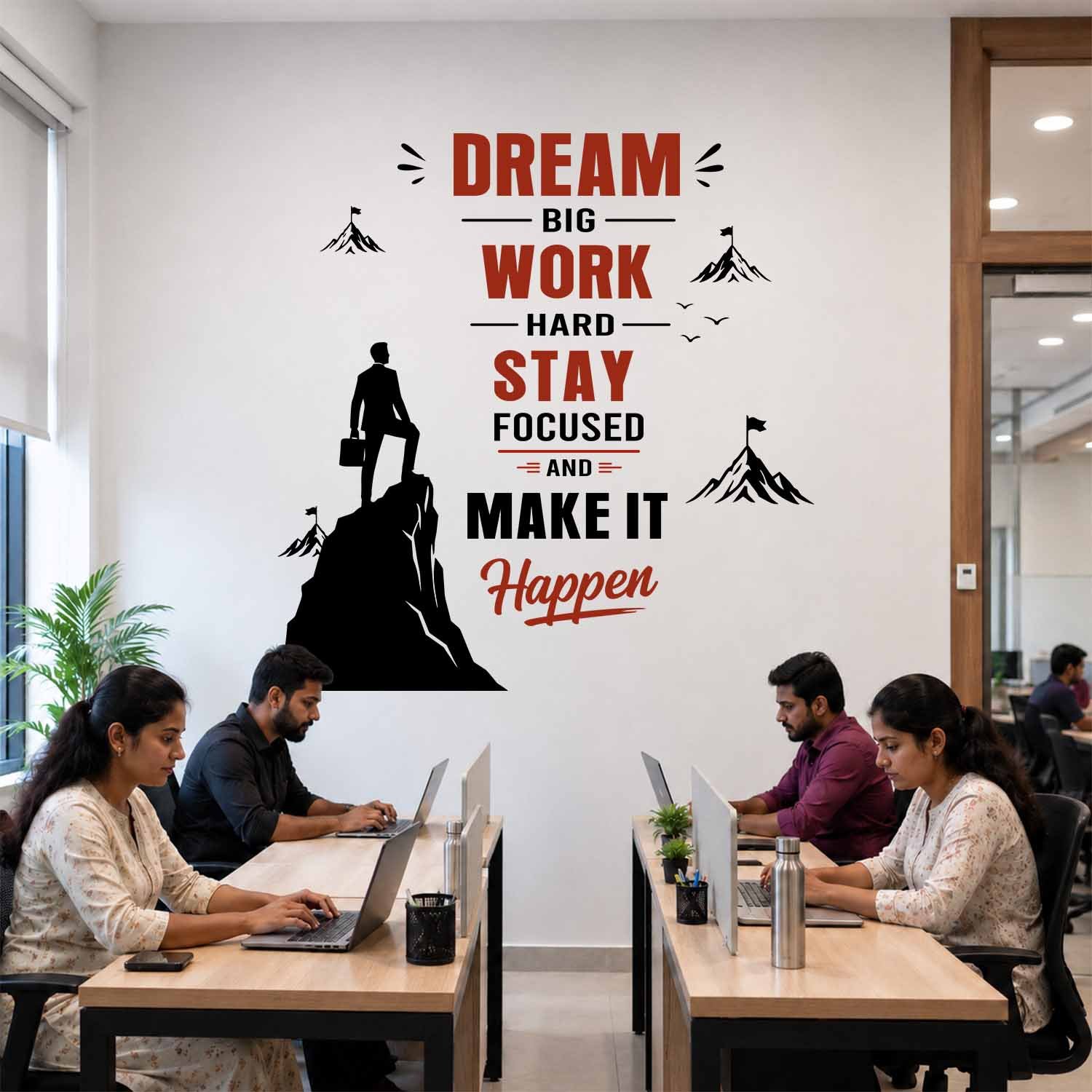 Dream Big Work Hard Stay Focused motivational office wall sticker with mountain and success quote design