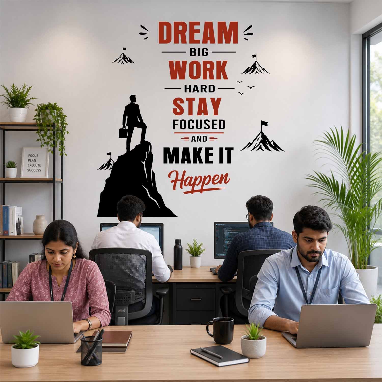 Dream Big Work Hard Stay Focused motivational office wall sticker with mountain and success quote design