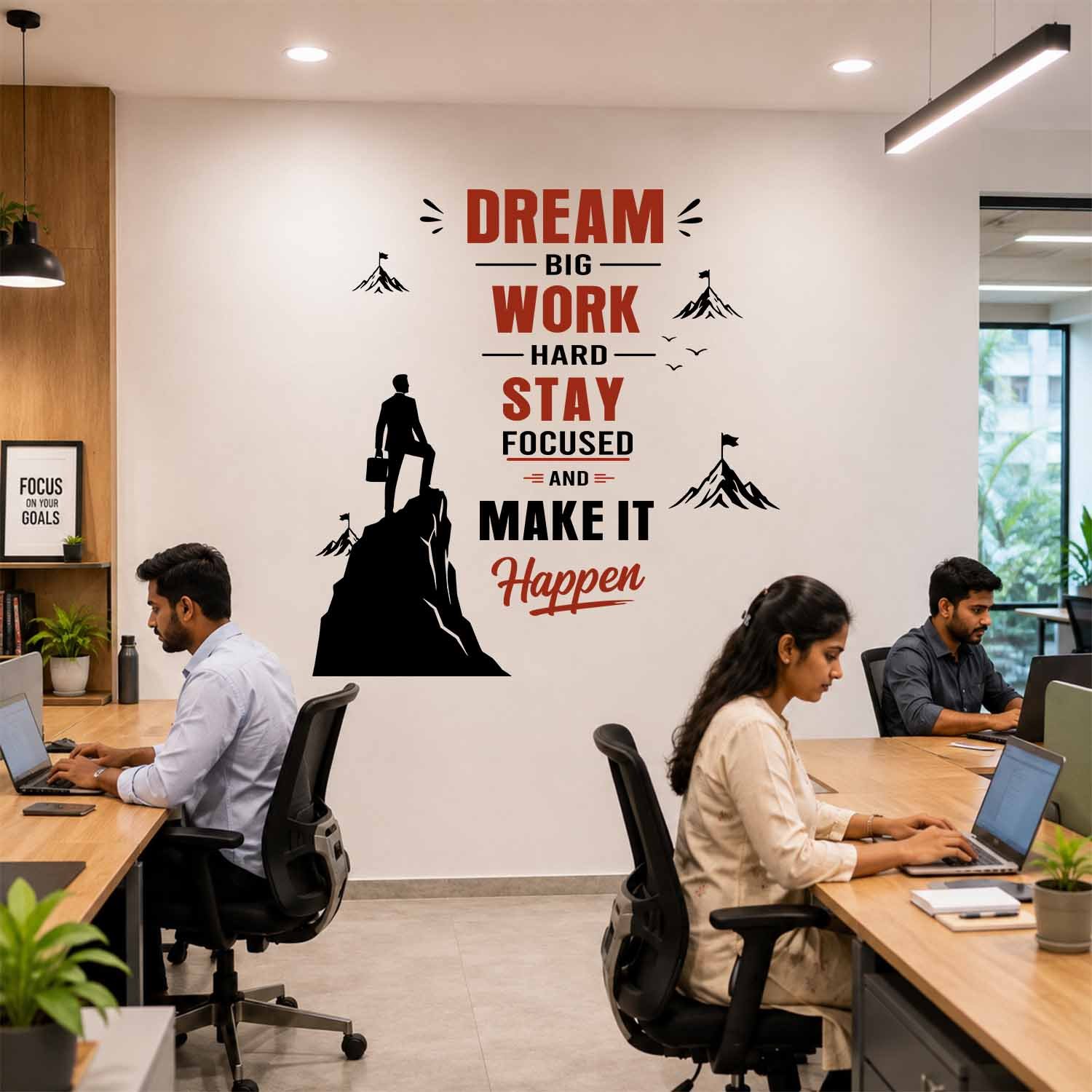 Dream Big Work Hard Stay Focused motivational office wall sticker with mountain and success quote design