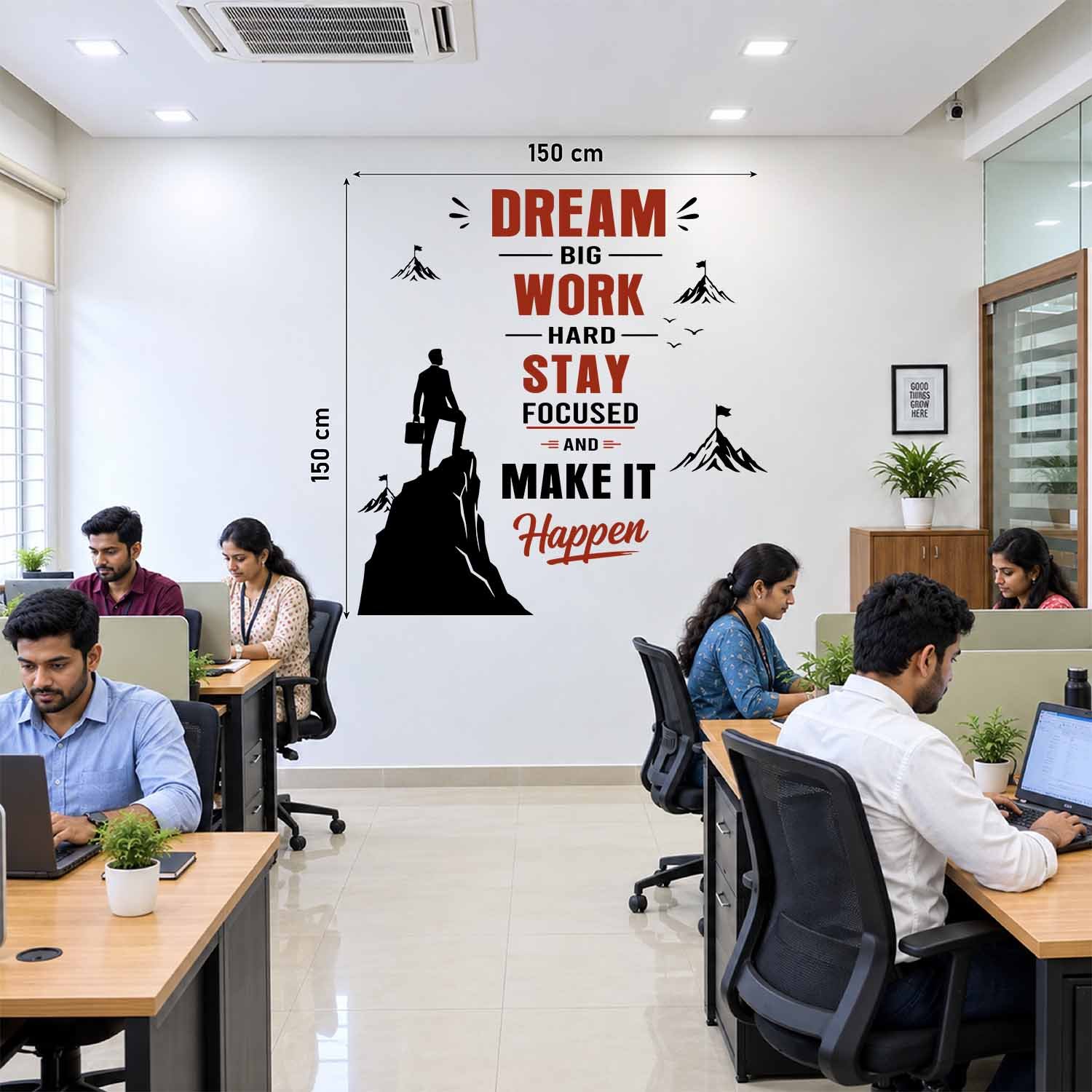 Dream Big Work Hard Stay Focused motivational office wall sticker with mountain and success quote design