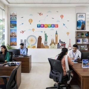 Time to Travel world landmark wall sticker with Eiffel Tower, airplanes and famous travel landmarks for office wall decor