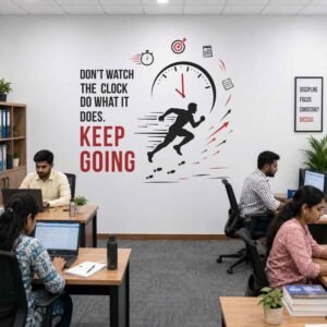 Keep Going motivational office wall sticker with running figure and clock design