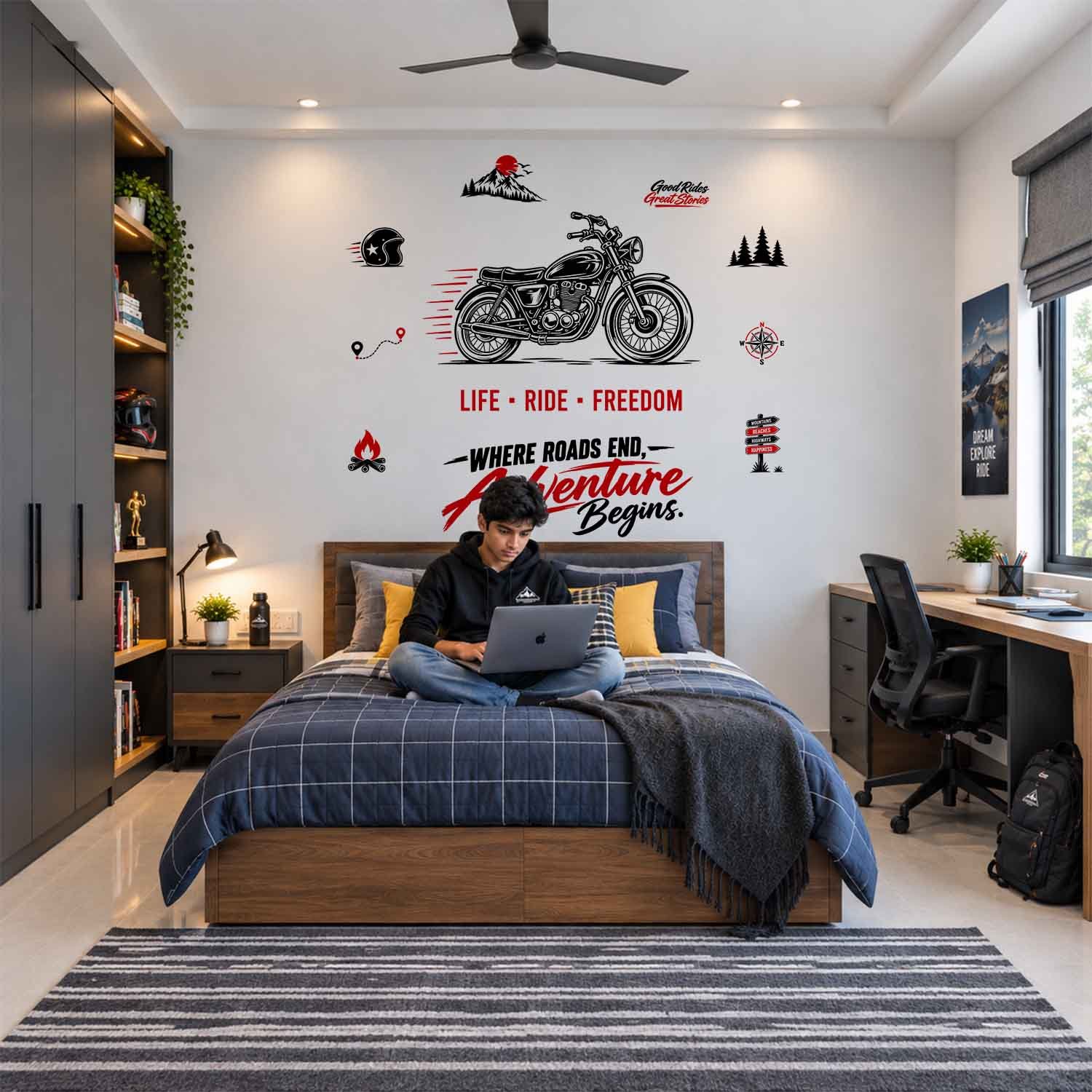 Motorcycle Life Ride Freedom adventure wall sticker with biker quotes