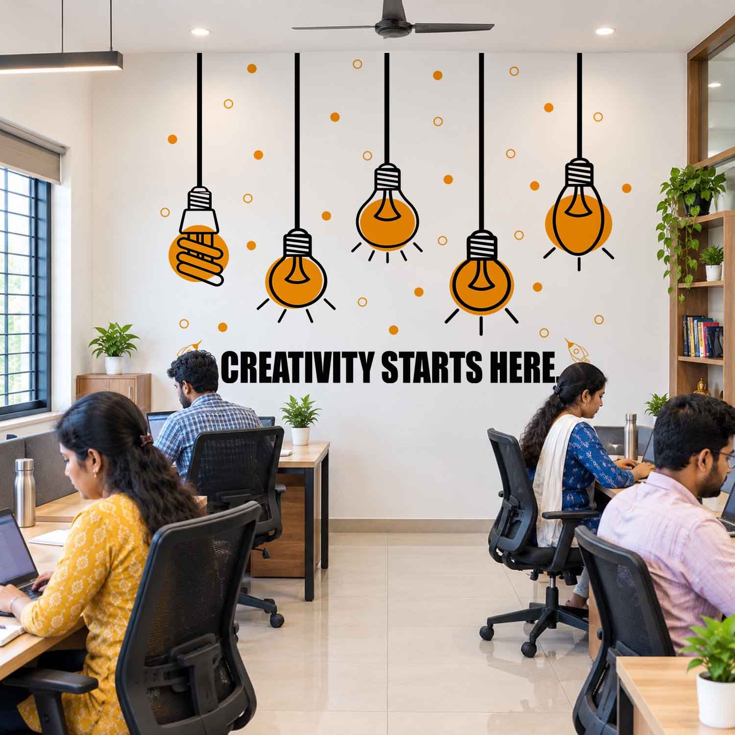 Creativity Starts Here creative office wall sticker with light bulb design
