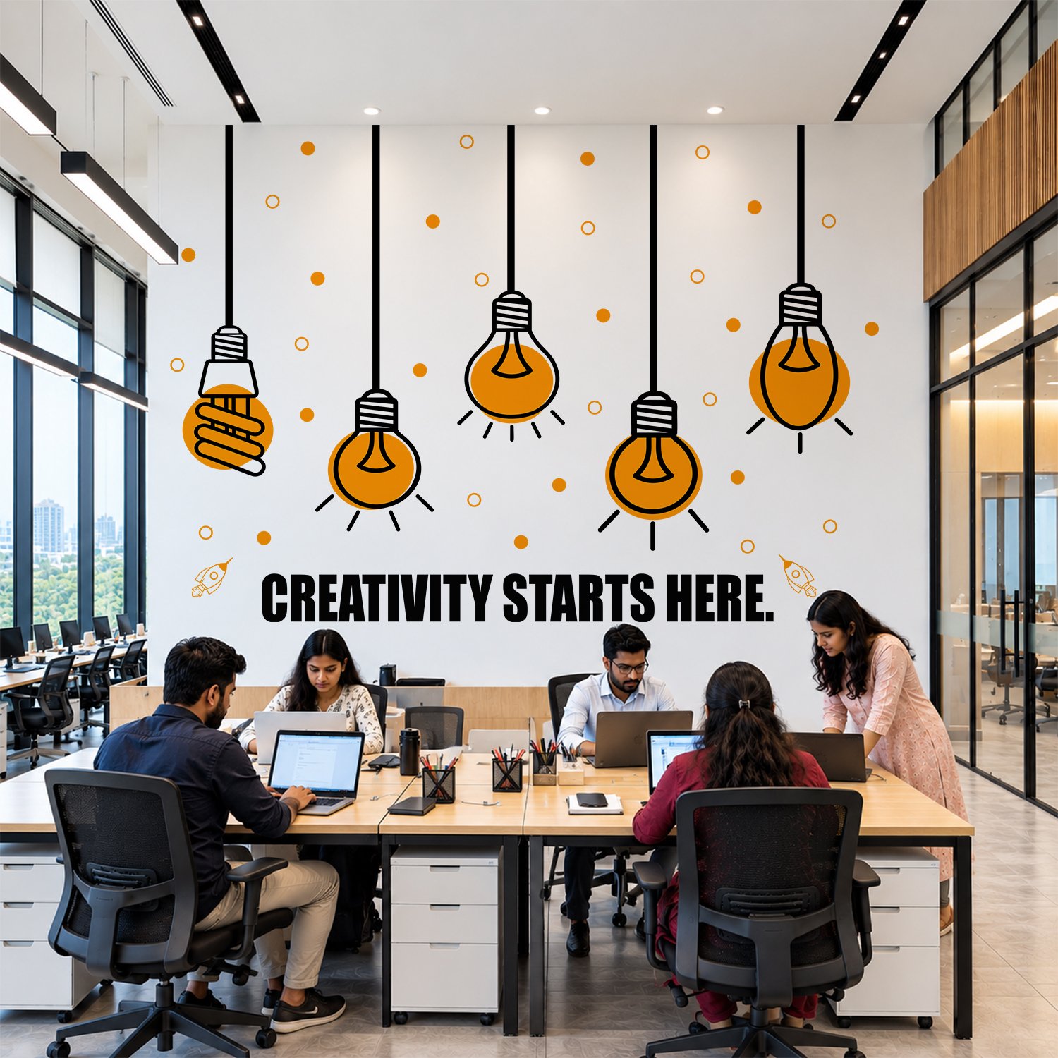 Creativity Starts Here creative office wall sticker with light bulb design
