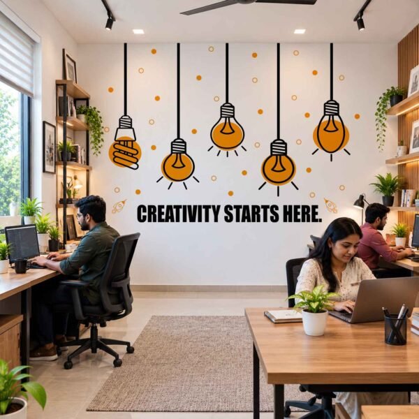 Creativity Starts Here creative office wall sticker with light bulb design
