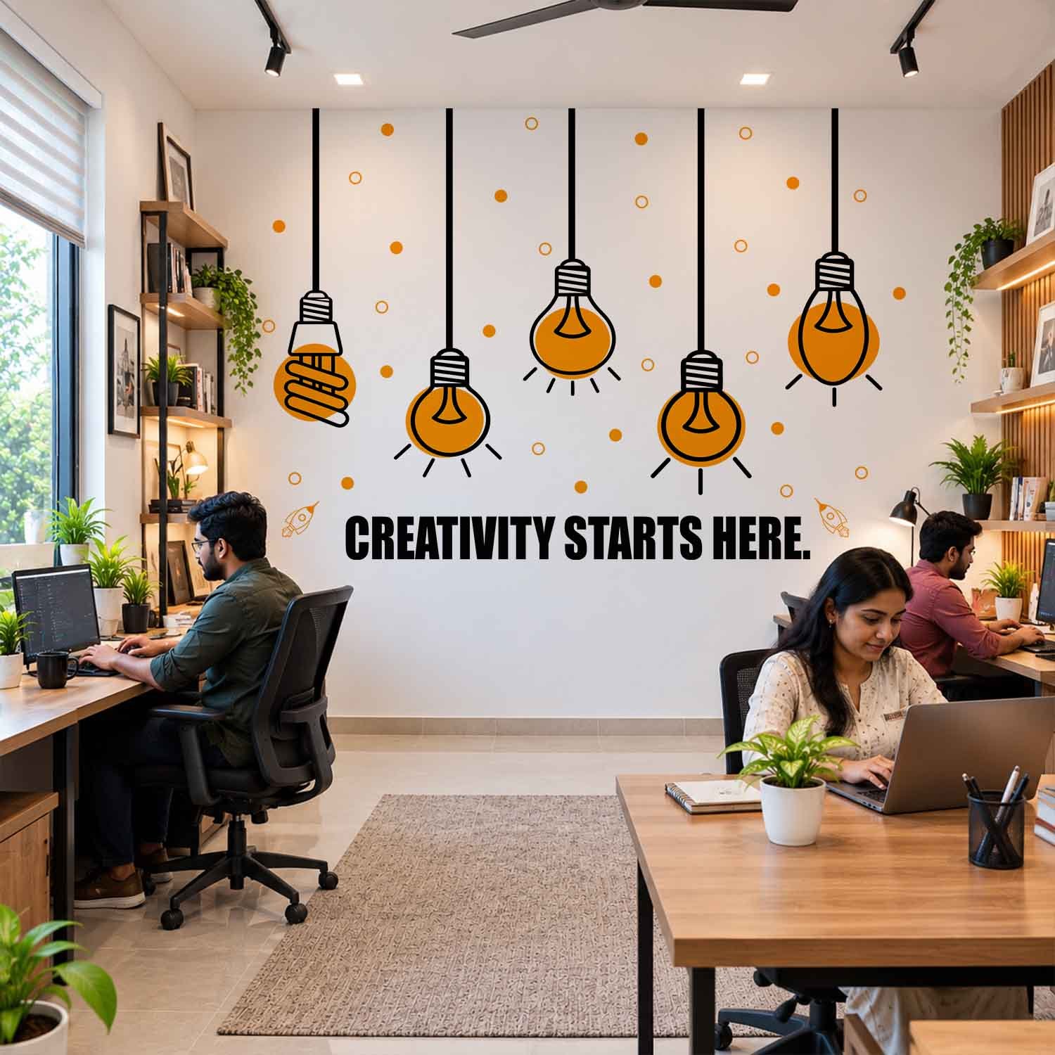 Creativity Starts Here creative office wall sticker with light bulb design